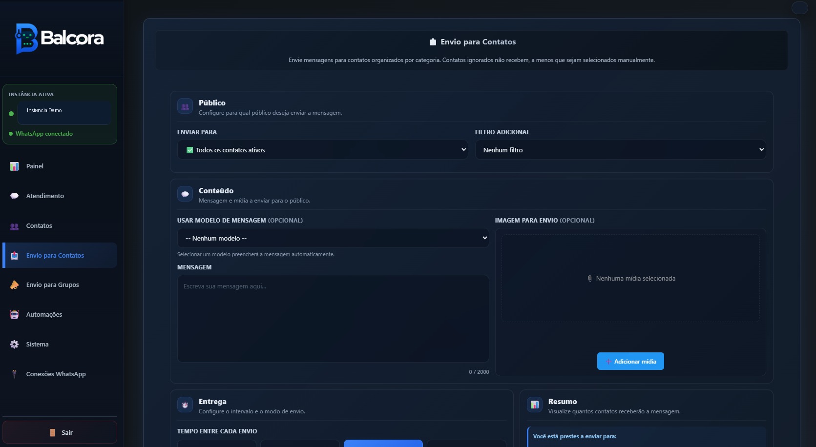 Tela de envio para contatos do Balcora
